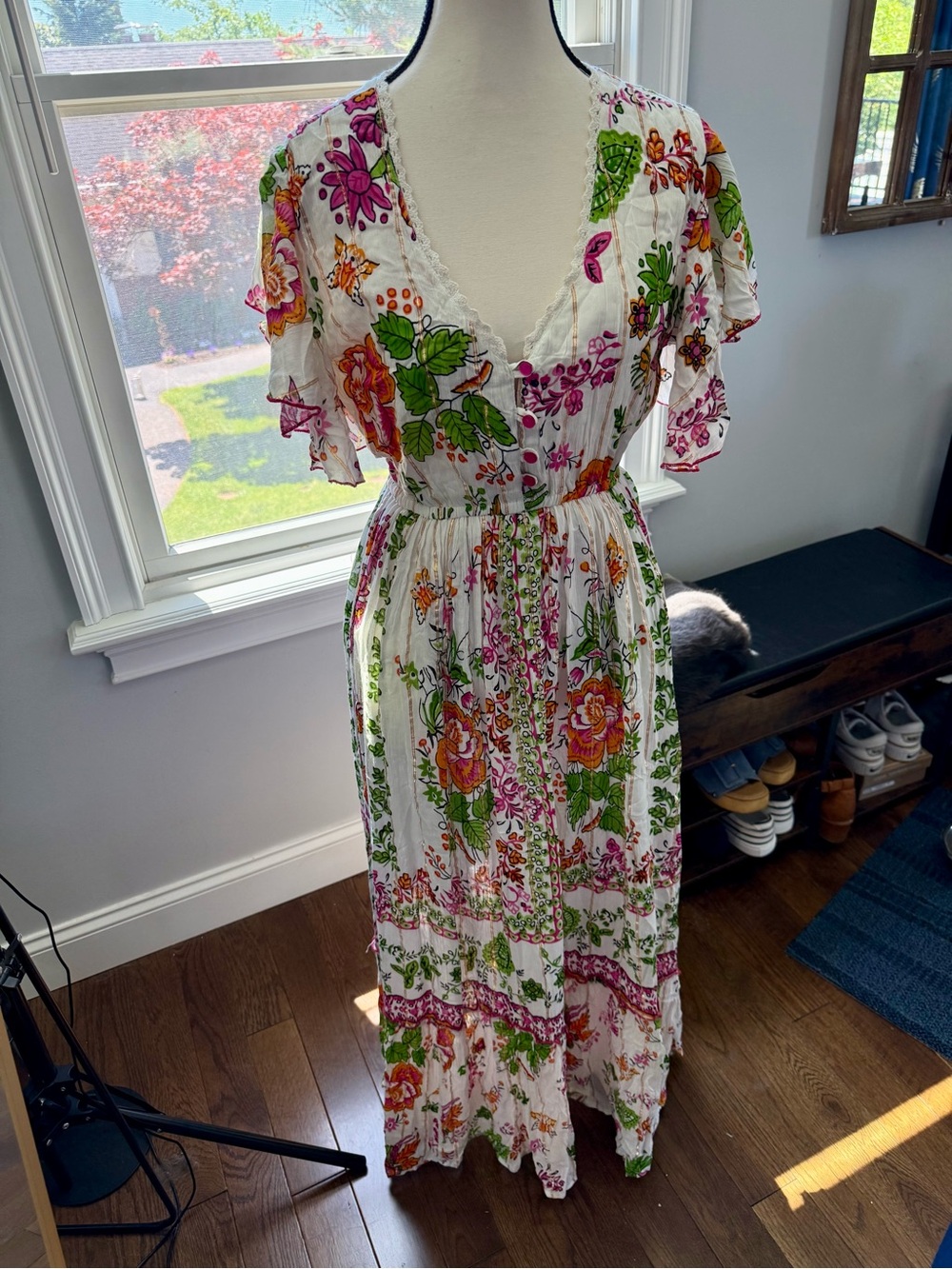 Anthropologie Me 2 Magic Floral White Maxi Dress with Colorful Blooms Size Small